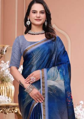 Blue printed art silk designer pallu saree 4
