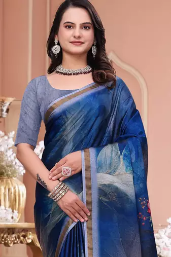 Blue printed art silk designer pallu saree