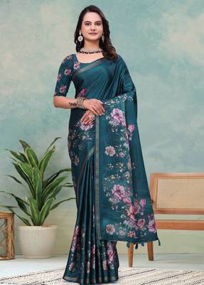 Green printed art silk designer pallu saree 1