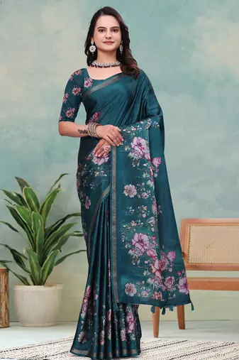 Green printed art silk designer pallu saree