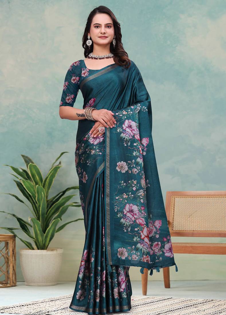 Green printed art silk designer pallu saree