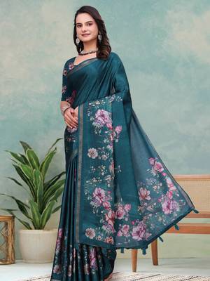 Green printed art silk designer pallu saree 2