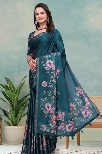 Green printed art silk designer pallu saree