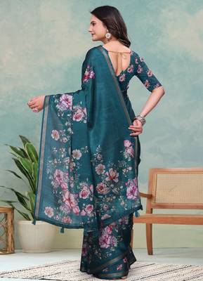 Green printed art silk designer pallu saree 3