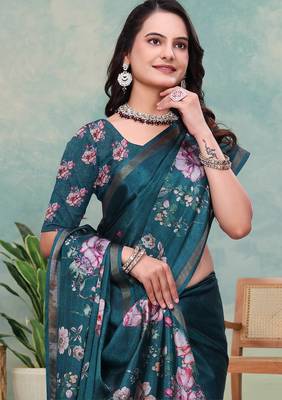 Green printed art silk designer pallu saree 4