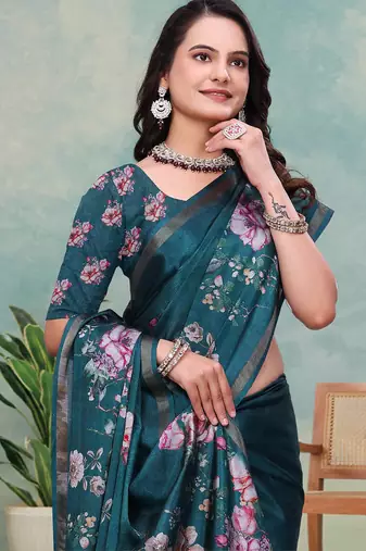 Green printed art silk designer pallu saree