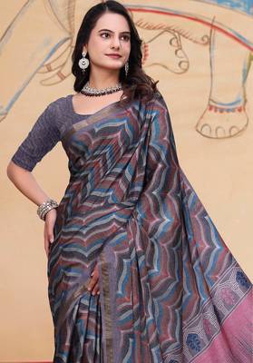 Grey printed art silk designer pallu saree 1