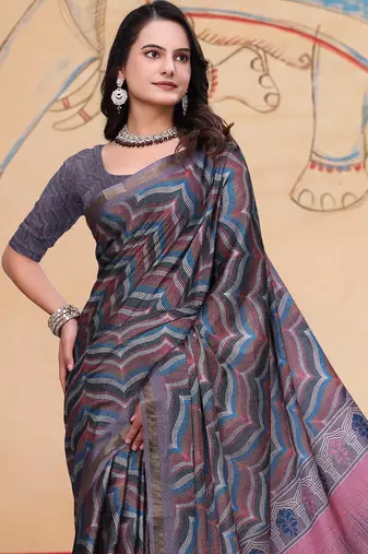 Grey printed art silk designer pallu saree