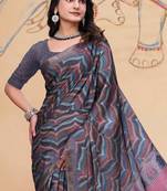 Grey printed art silk designer pallu saree