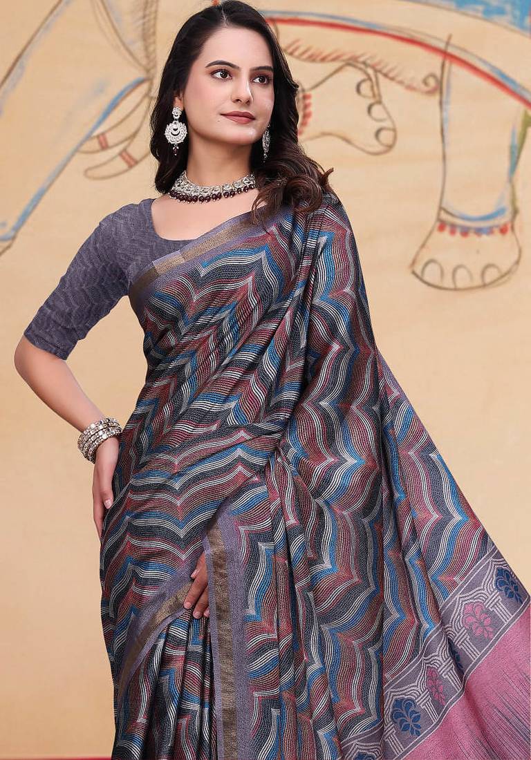 Grey printed art silk designer pallu saree
