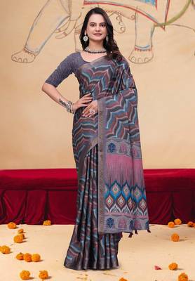 Grey printed art silk designer pallu saree 2