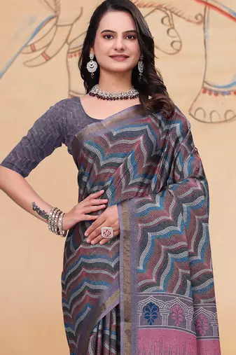 Grey printed art silk designer pallu saree