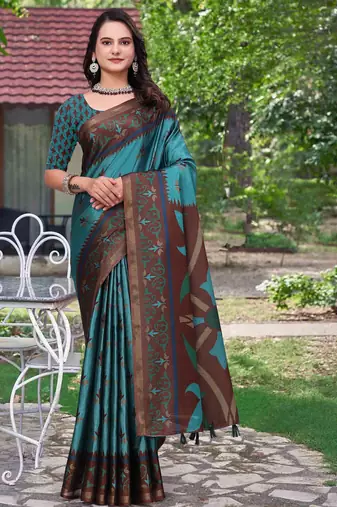 Teal printed art silk designer pallu saree