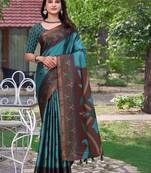 Teal printed art silk designer pallu saree