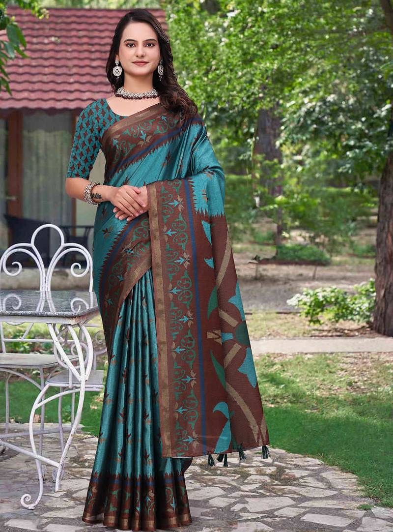 Teal printed art silk designer pallu saree