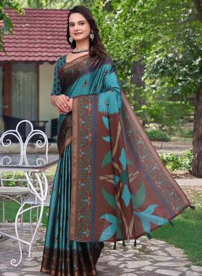 Teal printed art silk designer pallu saree 2