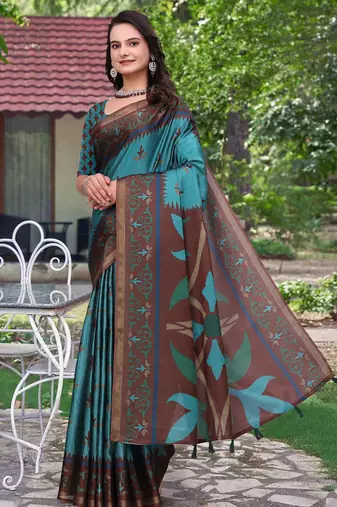 Teal printed art silk designer pallu saree
