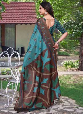 Teal printed art silk designer pallu saree 3