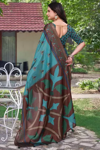 Teal printed art silk designer pallu saree