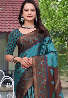 Teal printed art silk designer pallu saree 4