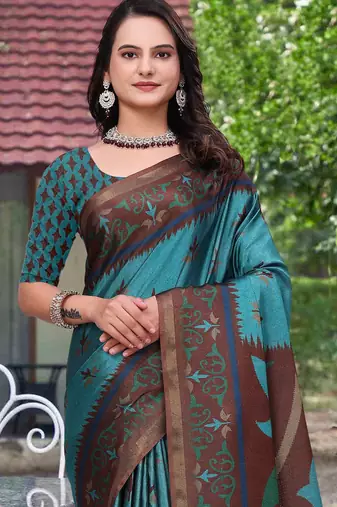 Teal printed art silk designer pallu saree