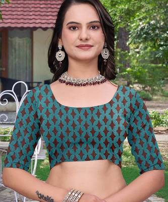 Teal printed art silk designer pallu saree 5