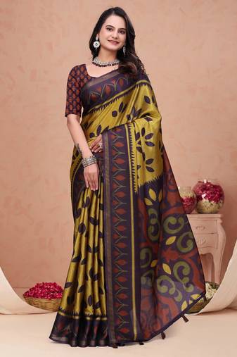 Mustard printed art silk designer pallu saree