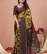 Mustard printed art silk designer pallu saree