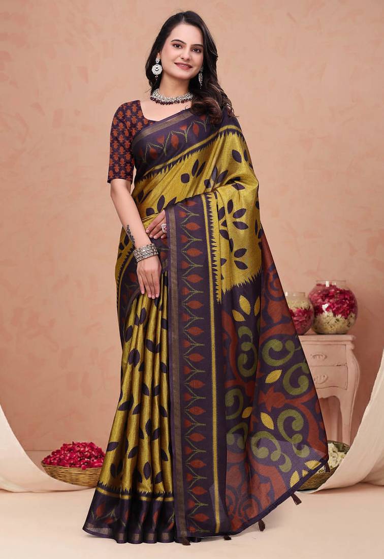 Mustard printed art silk designer pallu saree