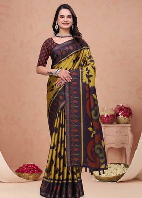 Mustard printed art silk designer pallu saree 2