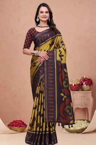 Mustard printed art silk designer pallu saree
