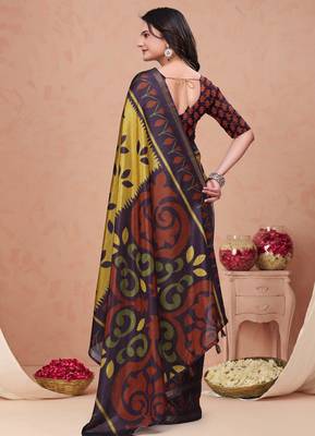 Mustard printed art silk designer pallu saree 3
