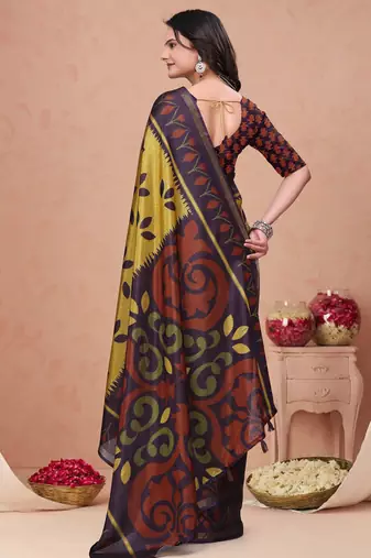 Mustard printed art silk designer pallu saree