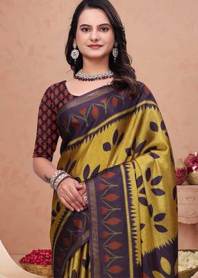 Mustard printed art silk designer pallu saree 4
