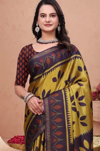 Mustard printed art silk designer pallu saree
