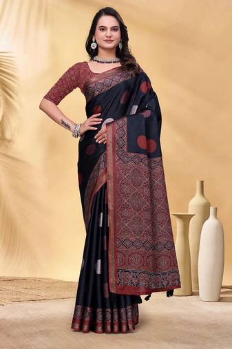 Black printed art silk designer pallu saree