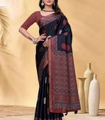 Black printed art silk designer pallu saree