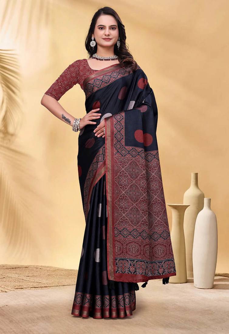 Black printed art silk designer pallu saree