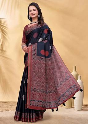 Black printed art silk designer pallu saree 2