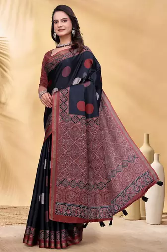 Black printed art silk designer pallu saree