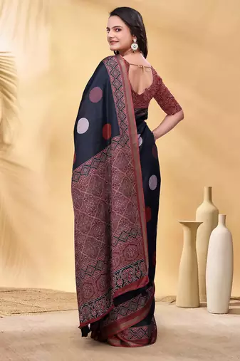Black printed art silk designer pallu saree