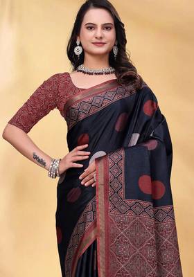 Black printed art silk designer pallu saree 4