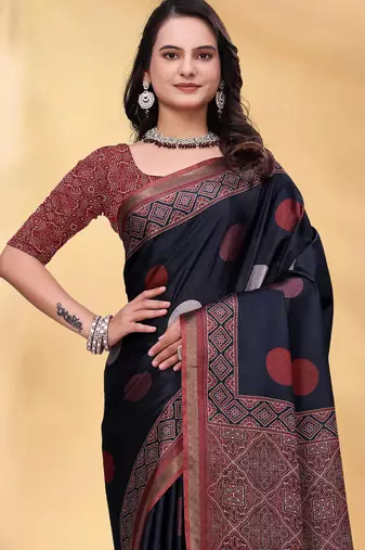 Black printed art silk designer pallu saree