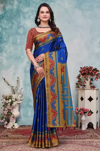 Blue printed art silk designer pallu saree