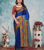 Blue printed art silk designer pallu saree