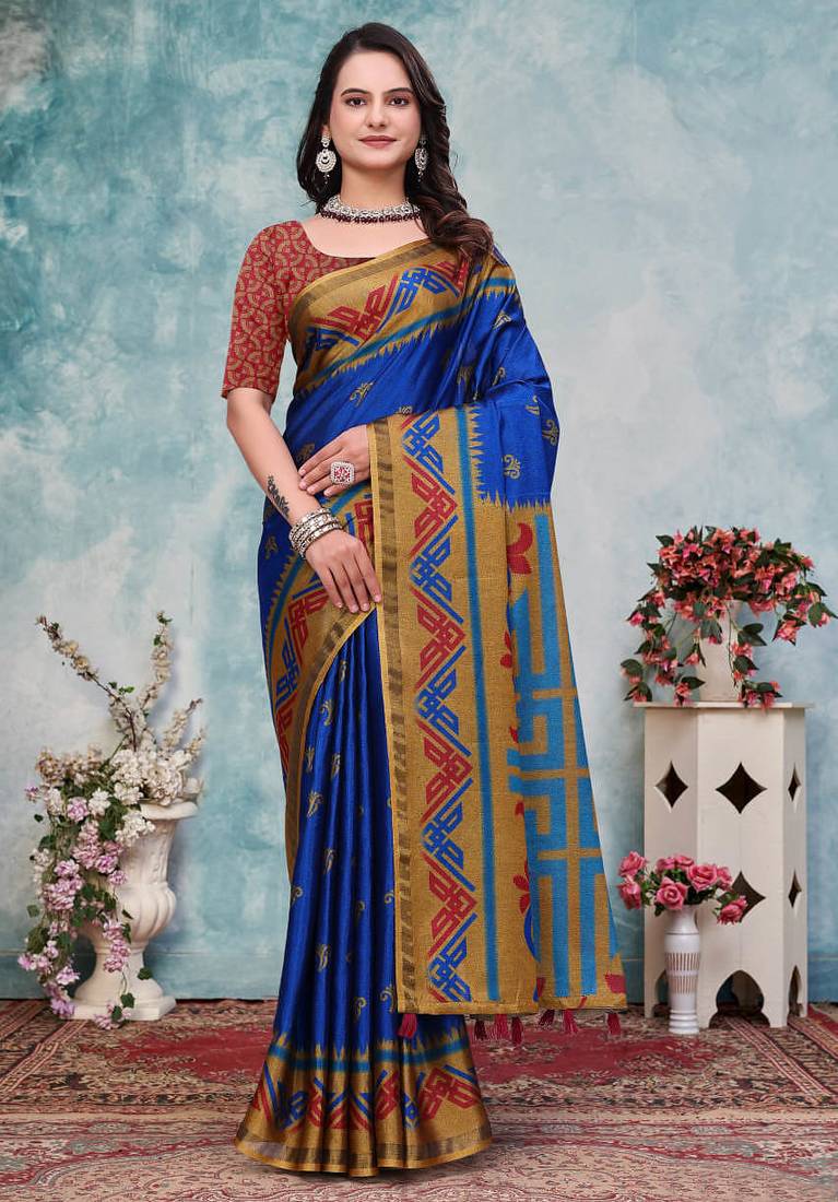 Blue printed art silk designer pallu saree