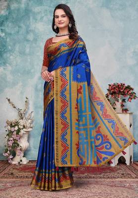 Blue printed art silk designer pallu saree 2