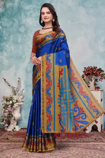 Blue printed art silk designer pallu saree