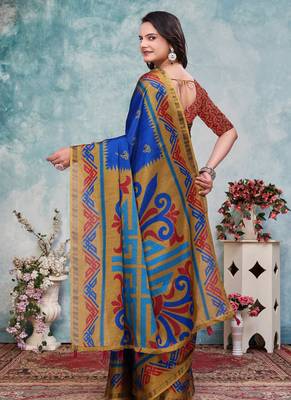 Blue printed art silk designer pallu saree 3