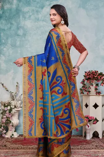 Blue printed art silk designer pallu saree